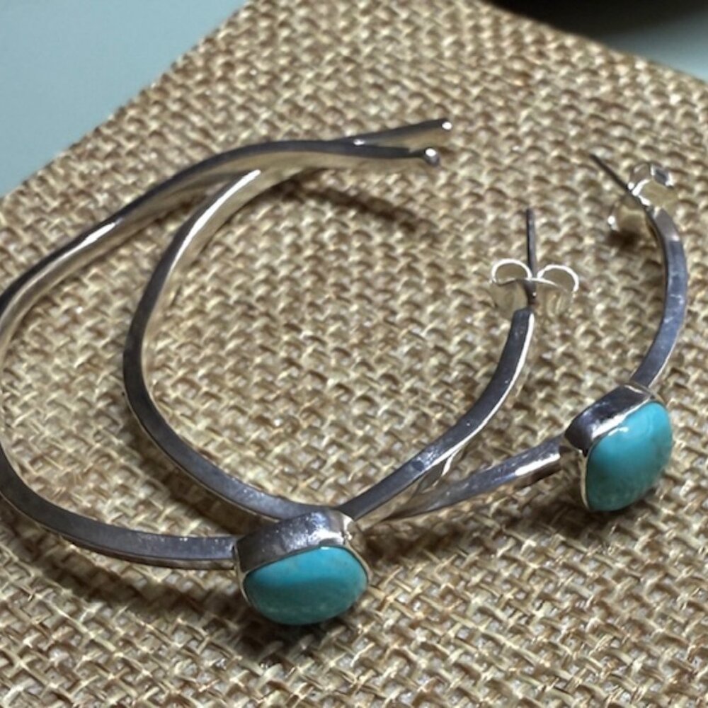 Large Handmade Sterling Silver Hoop Earrings with Turquoise Stone